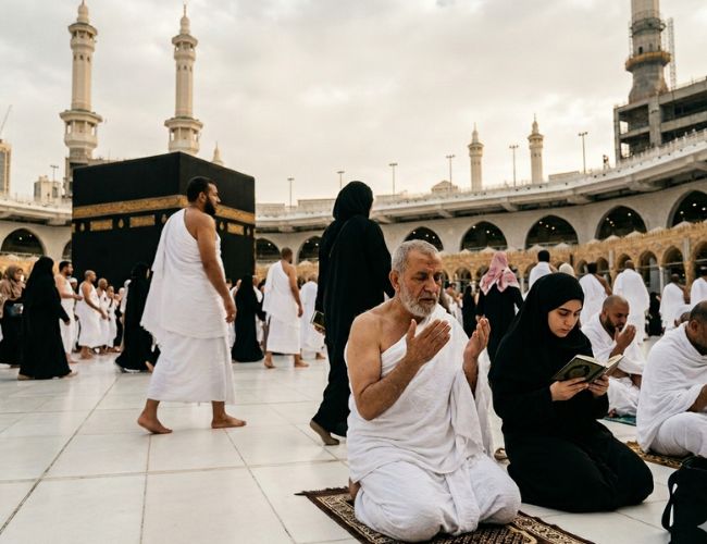 Pilgrims worshipping in the courtyard of the Masjid al-Haram in Mecca, with the Kaaba visible in the background. In the foreground, an elderly man in white Ihram clothing kneels on a prayer mat with his hands raised in supplication, while a young woman in a black hijab sits beside him reading from a small book. Other pilgrims are seen walking and praying throughout the open area under an overcast sky.