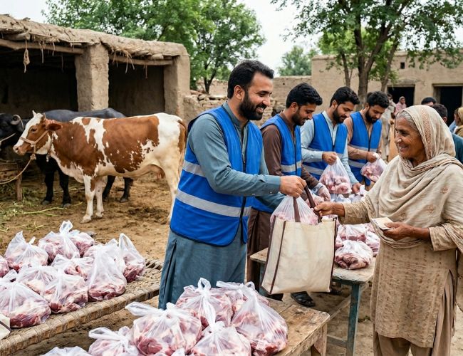 A team of aid workers wearing blue vests distributes bags of Qurbani meat to an elderly woman in a rural village setting. Tables in the foreground are stacked with numerous clear plastic bags filled with meat. In the background, a brown and white cow stands near a mud brick structure, and other community members are visible.