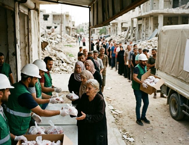 Aid workers wearing green vests and white hard hats hand out bags of Qurbani meat to an elderly woman at a distribution point. A long line of people stands waiting along a narrow dirt street lined with heavily damaged buildings and rubble. On the right, another worker carries a cardboard box filled with meat packages next to a parked delivery truck.