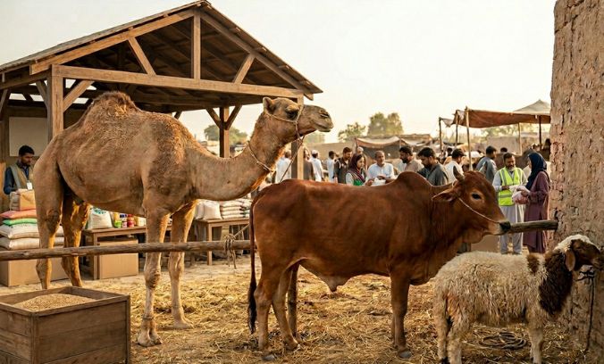 A camel, a brown cow, and a sheep stand tied to wooden posts in an outdoor livestock market. The camel is positioned on the left near a wooden shed filled with bags of feed, while the cow stands in the center and the sheep is on the right near a stone wall. In the background, several people are walking through the busy open-air market under a hazy sky.