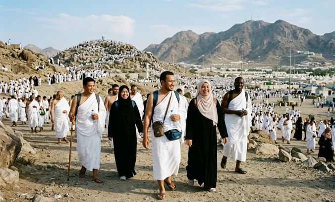 a large crowd of pilgrims paraticipating in the hajj or umrah pilgrimage. in the foreground, a group of men wearing white ihram clothing and women in hijabs are walking and smiling along a dirt path. mount arafat, covered with many pilgrims, and surrounding rocky mountains are visible in the background under a clear sky.