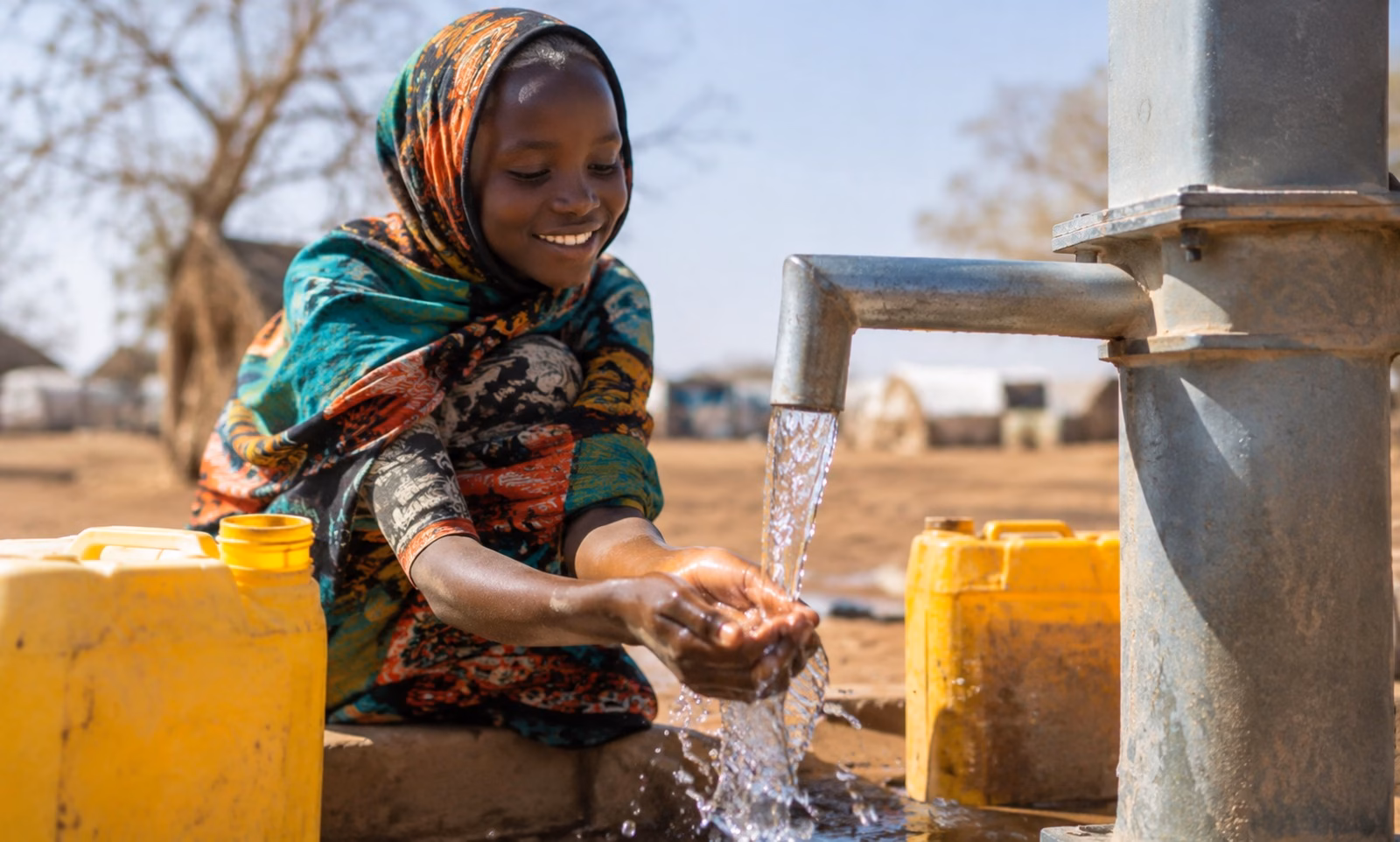 A young girl wearing a colorful headscarf smiling while washing her hands with clean water from a hand pump, with yellow water containers nearby. JPG