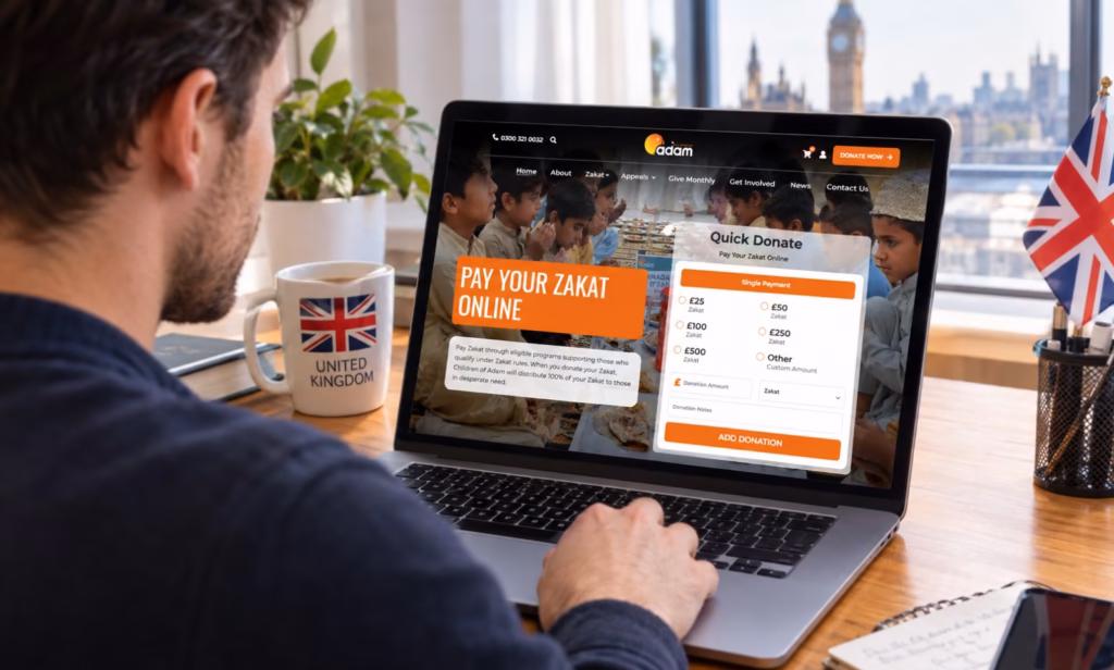 A person using a laptop to make an online donation on a charity website next to a Union Jack mug and flag.