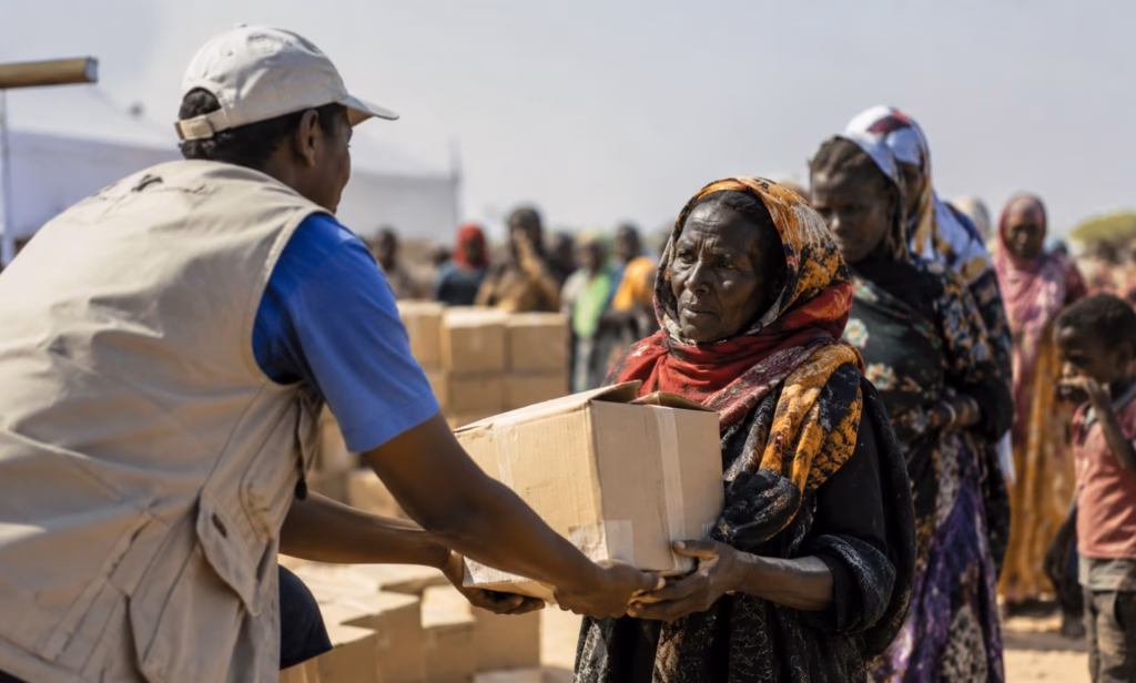 A aid worker handing a cardboard supply box to an elderly woman wearing a patterned headscarf standing in a distribution line.