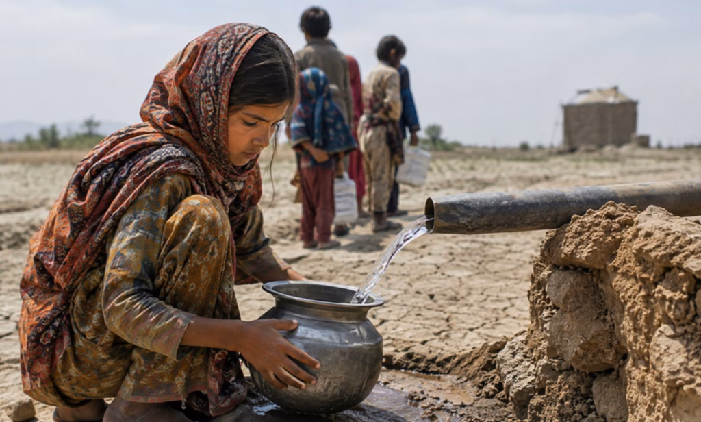 young girl in traditional headscarf filling a metal pot with water from an outdoor pipe in a dry, rural area.