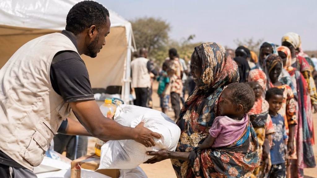 A man in a tan vest hands a white sack of supplies to a smiling woman holding a young child in a crowded outdoor line.