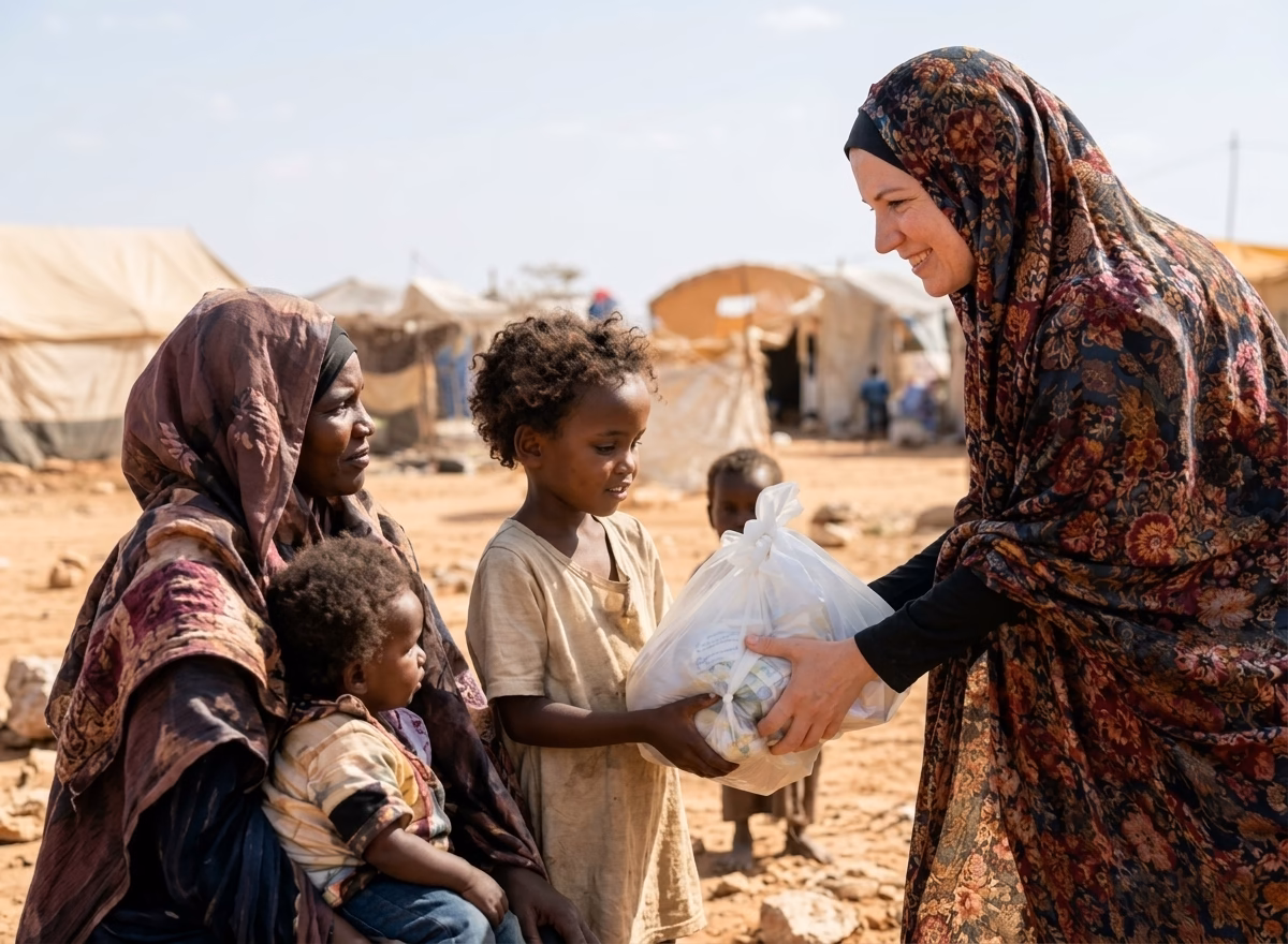 A smiling woman wearing a floral headscarf hands a bag of aid supplies to a child standing outdoors in a camp alongside a mother and baby.